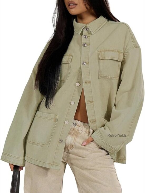 Jackets & Blazers - Oversized Cargo Button Down Shacket Denim Jacket with Pockets